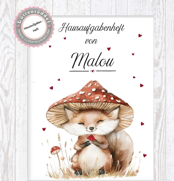 zuckersüßer Schulheft Umschlag Fuchs Pilz Hausaufgabenheft in seperater Hochwertiger Hülle von Lüttentüddel®